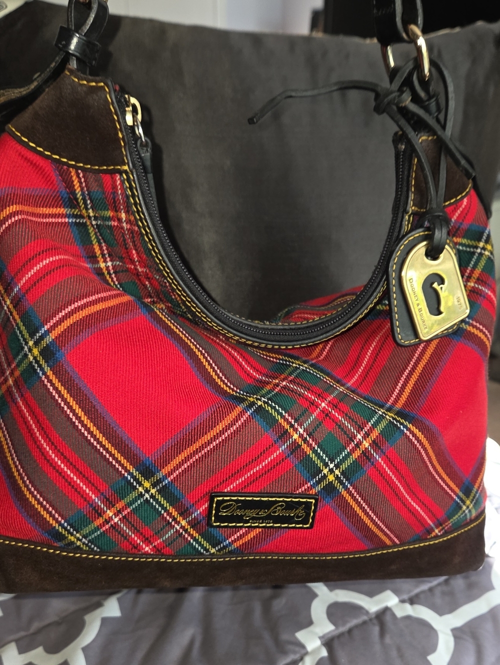 Dooney & Bourke Red Plaid Hobo Bag with Brown Suede Trim